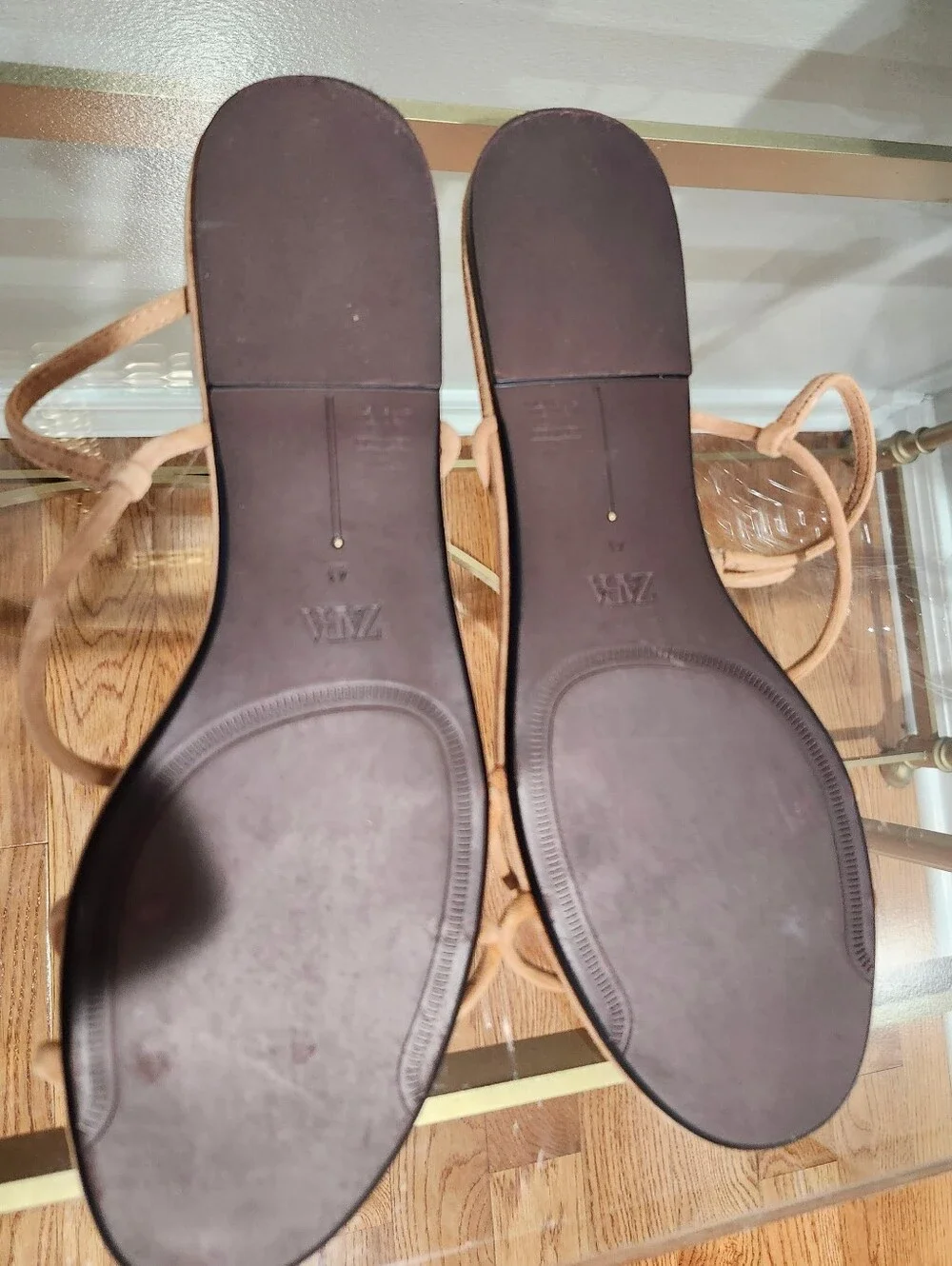 Zara Tan Suede Beaded T-Strap Sandals - Picture 4 of 4